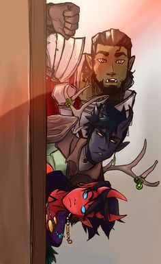 a halforc, tiefling, human, and firbolg are pressed against the corner of a doorway, peeking around intently with wide eyes.  the perspective is from the point of view of someone standing just inside the doorway, looking out.  the lighting suggests an indoor setting lit by magical light.  the art style is cartoonlike and brightly colored.