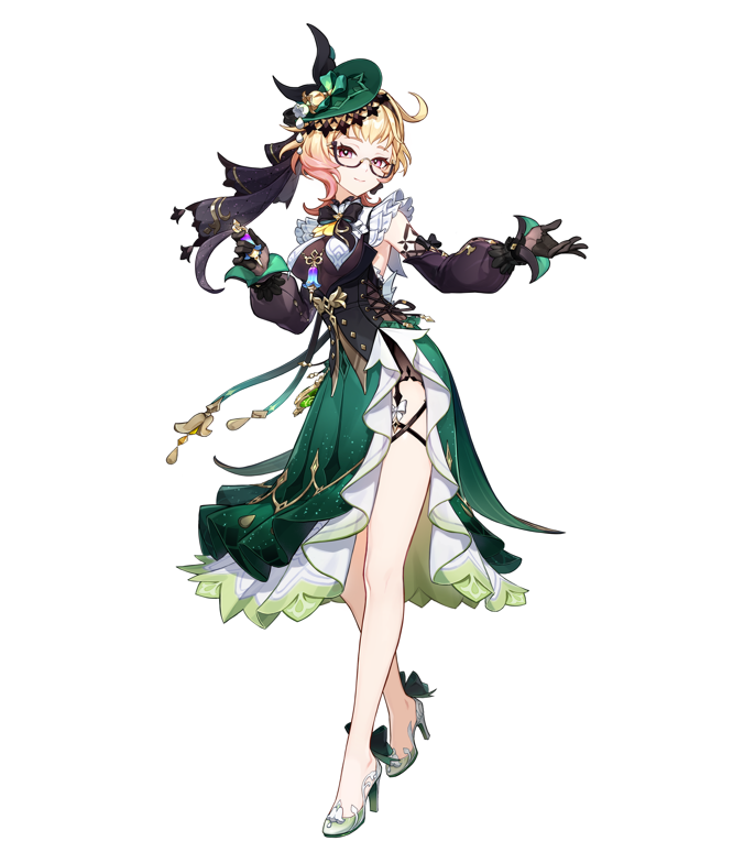 this is a digital fan art illustration of klee, a character from the video game genshin impact. she's depicted in a vibrant green and white dress with a matching hat, wearing glasses and high heels. klee is posed dynamically, suggesting movement and energy, and the artwork is detailed and expressive. the style is consistent with anime and manga aesthetics, utilizing bright colors and expressive lines. the background is plain white, highlighting the character.