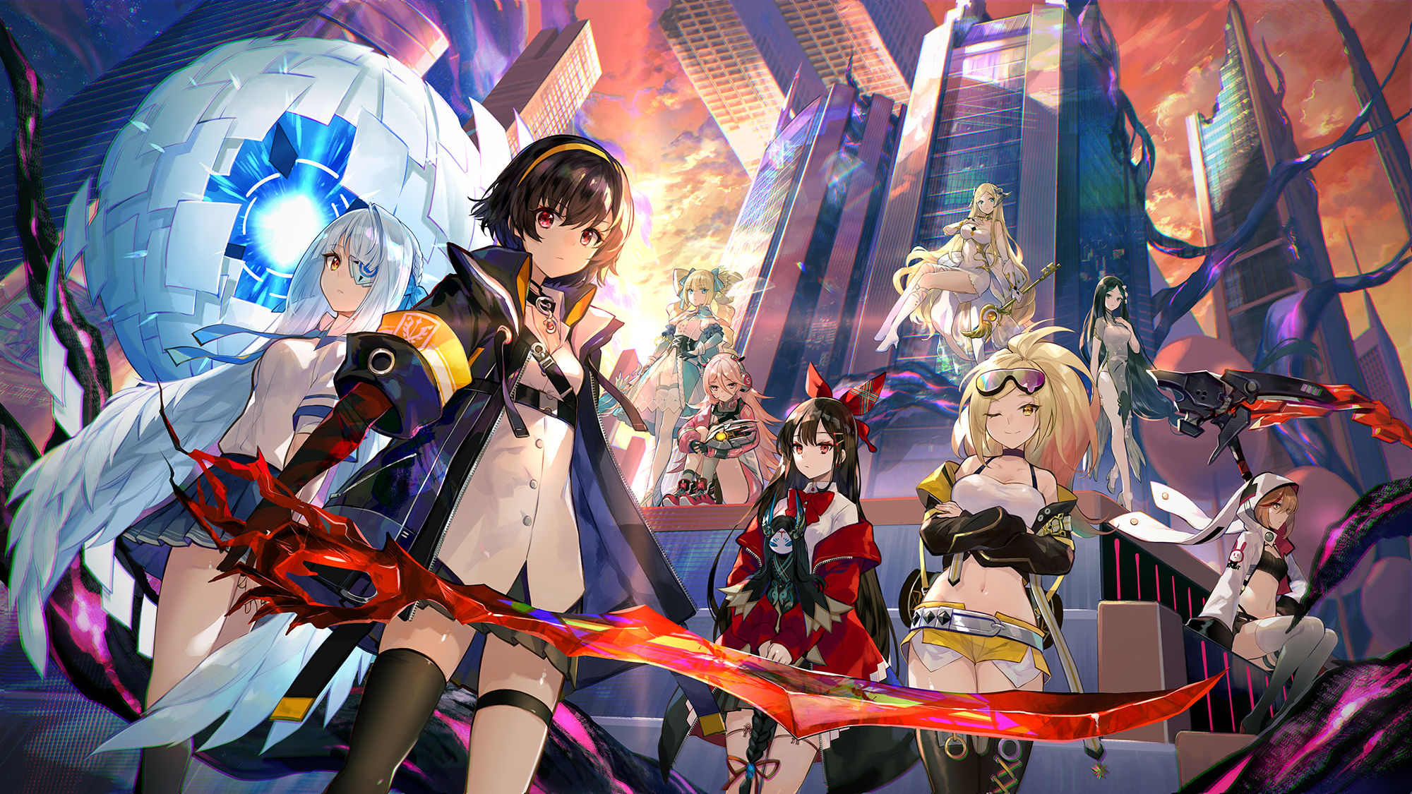 the image is a vibrant and dynamic piece of digital artwork depicting a group of animestyle girls in a futuristic cityscape.  they are armed with various futuristic weapons and stand in action poses, suggesting a battle or confrontation. the city is a mix of towering skyscrapers and dark, almost organic, tendrils. the overall style is a mix of scifi and fantasy, with a focus on powerful female characters. the color palette is intense and varied, with bright, almost neon colors contrasting with darker shadows and elements. the artwork is highly detailed and shows a great deal of skill in both character design and environmental rendering. it could be promotional art for a video game or anime series.