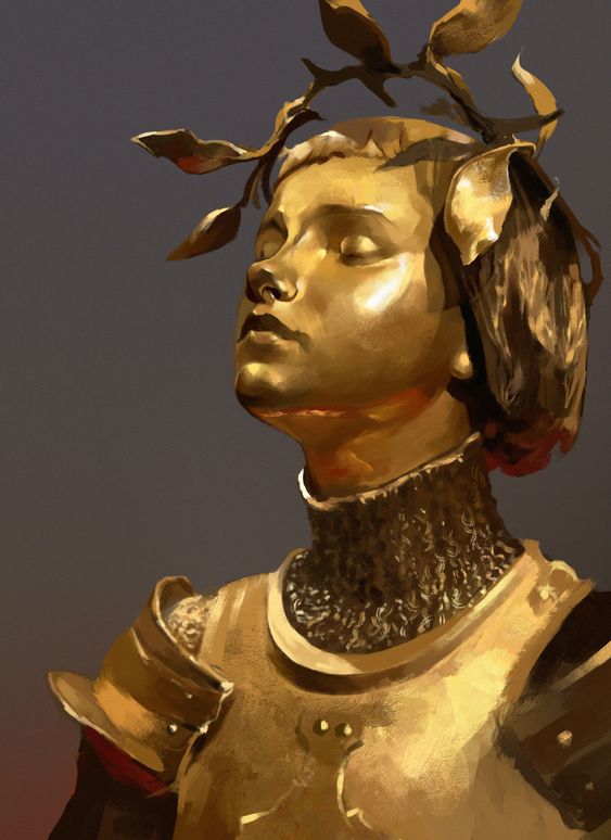 a digital painting of a golden statue of a female knight. the knight has her eyes closed and wears a laurel wreath atop her head. she wears ornate plate armor. the lighting is warm and creates a soft, reflective quality to the gold.  the background is a muted grayblue.  the perspective is a closeup, taken from the front and slightly angled up at eye level with the statue.