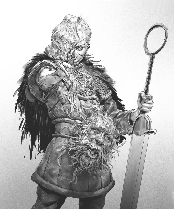 a black and white drawing depicts a fierce woman warrior in a fantasy setting. she has long, wavy hair partially covering her face, and a stern expression. she's wearing ornate armor with fur trim and a grotesque lion head design on her chest. in her right hand, she holds a large, unusual sword with a circular pommel, and her left hand is raised in a mystical gesture.