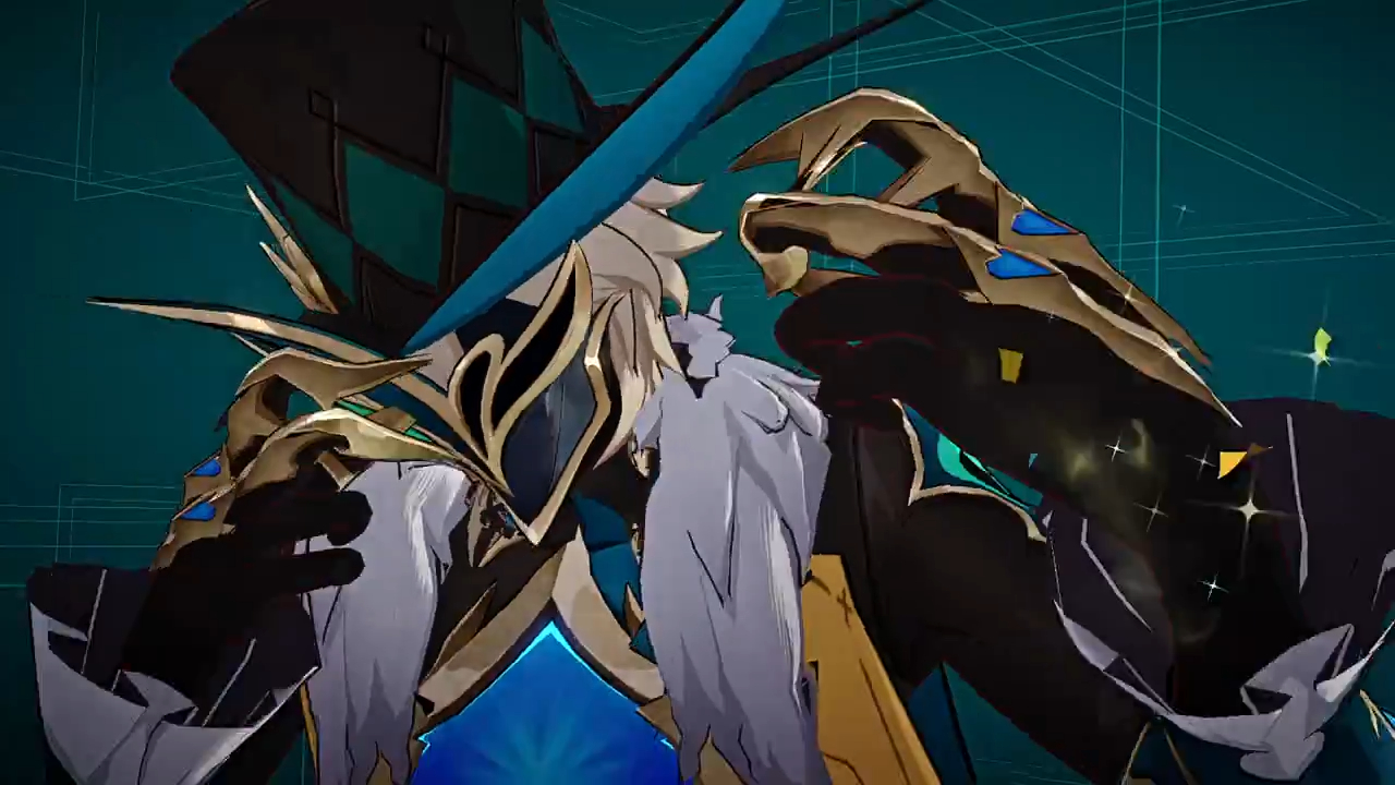 an anime character with blonde and white hair, wearing a green and gold costume with a blue and black hat and mask. he is holding up his clawlike hands in the air, and the background is a digital art rendering of blue and green lines.