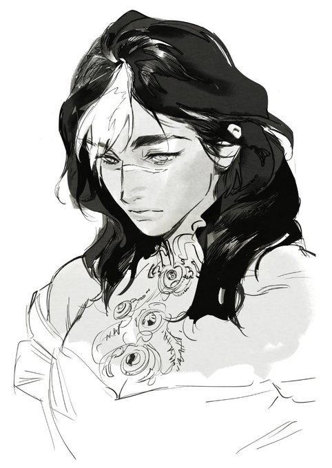 a black and white sketch of a woman with long, dark hair. she has a lot of intricate tattoos on her neck and shoulders. her eyes are downcast, and her expression is sad.