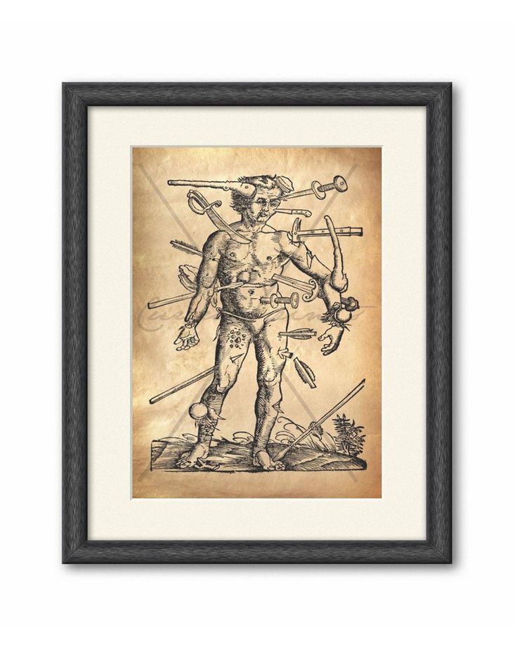 a vintage woodcut print depicting a man pierced by numerous swords and arrows, as if he's been subjected to some kind of torture or execution. the image appears to have been created in a 16th century style, with heavy lines and detail. it gives a glimpse of the harsh realities of historical punishment and the use of graphic imagery in past times.