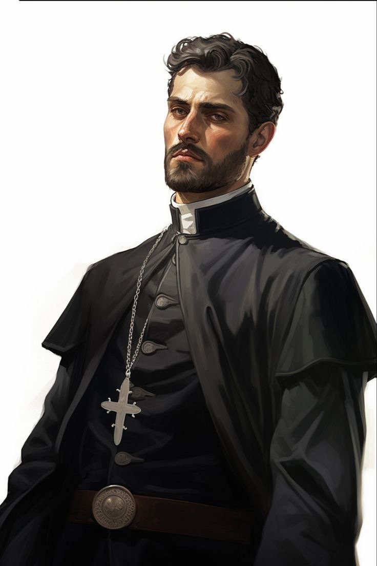 a portrait of a serious looking priest in a black cassock and a white collar. the priest is looking to the side, with a cross hanging on his neck.  the background is white. the priest appears to be stern in this digital illustration.