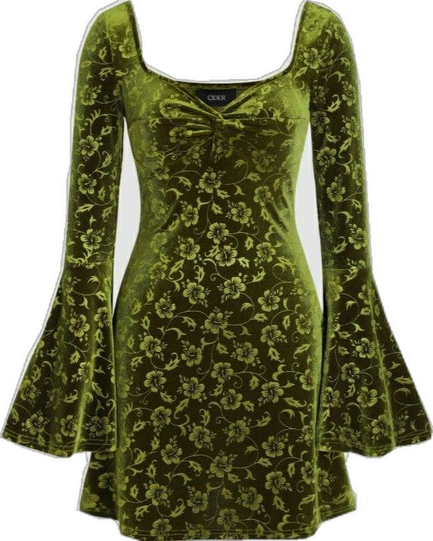a green velvet dress with floral patterns. it has long bell sleeves and a mini length. it is a vintage style dress that is perfect for a party or holiday occasion.  the dress has a square neckline and a slight cinched waist.