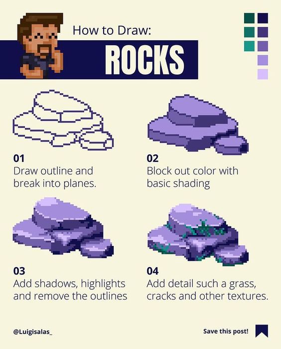 the image is a digital art tutorial on how to draw rocks in a pixel art style. it features a man's face on the left side, seemingly giving instructions. the tutorial is broken down into four steps, each with a corresponding image and description.