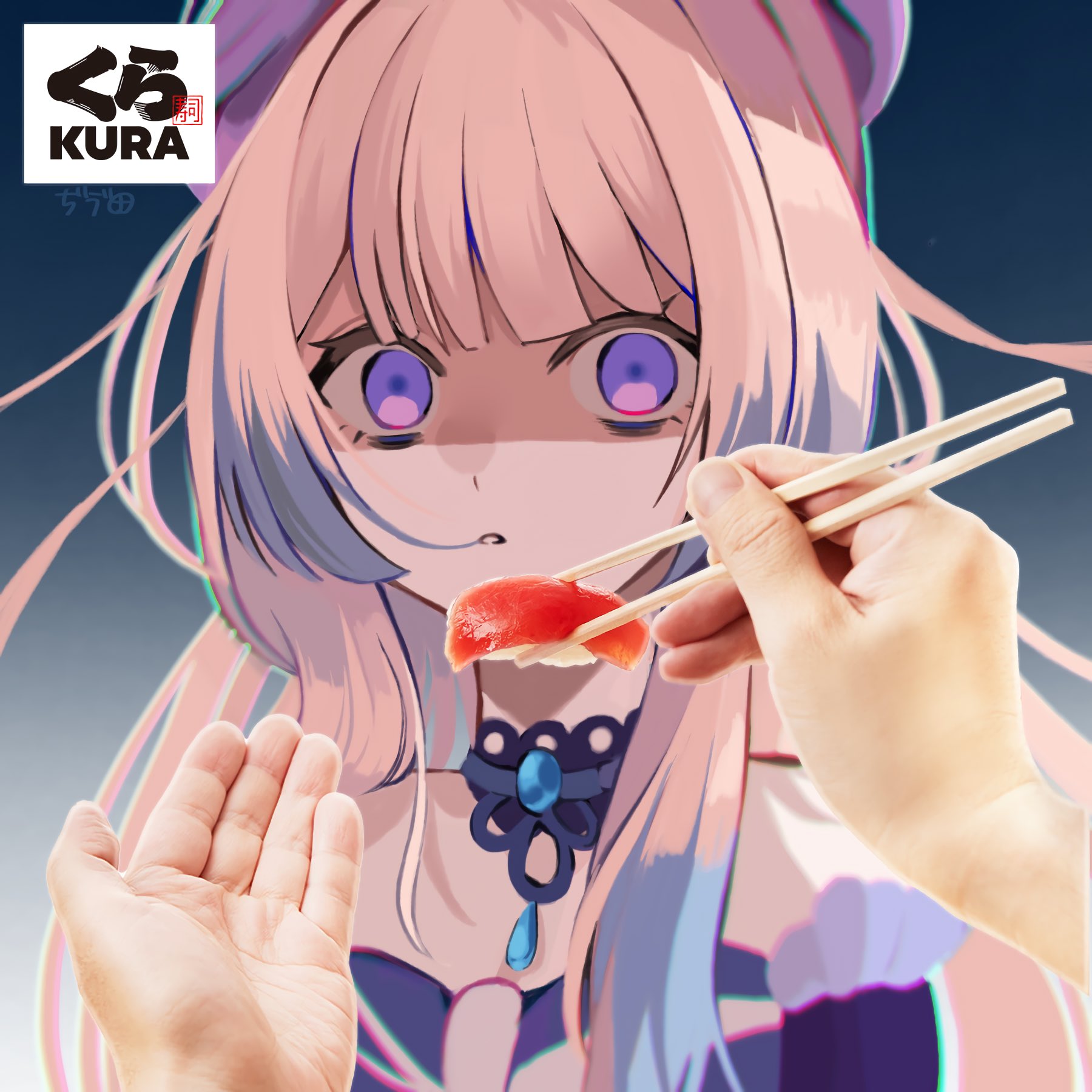 the image features a digital illustration of an anime girl with pink hair and blue eyes. she is depicted with a hungry expression, holding chopsticks and a piece of sushi. the background is a gradient of blue and purple.