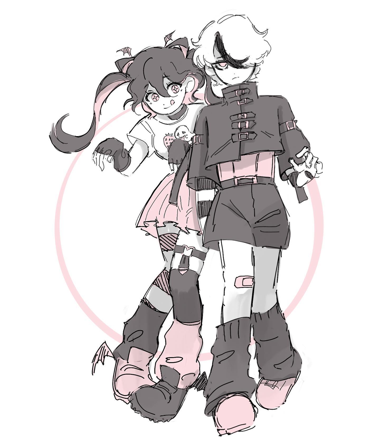a black and white drawing of two stylized characters, likely inspired by anime or manga,  posed together. the character on the left is drawn with a more feminine appearance and wears an outfit that mixes pastel pink with darker elements like a spiked choker and platform boots. the second character, with shorter white hair, is wearing a more monochrome outfit with buckles and straps.  both have details like claws and fangs, hinting at a possible supernatural theme. their clothing and accessories suggest an interest in goth or pastel goth subcultures.