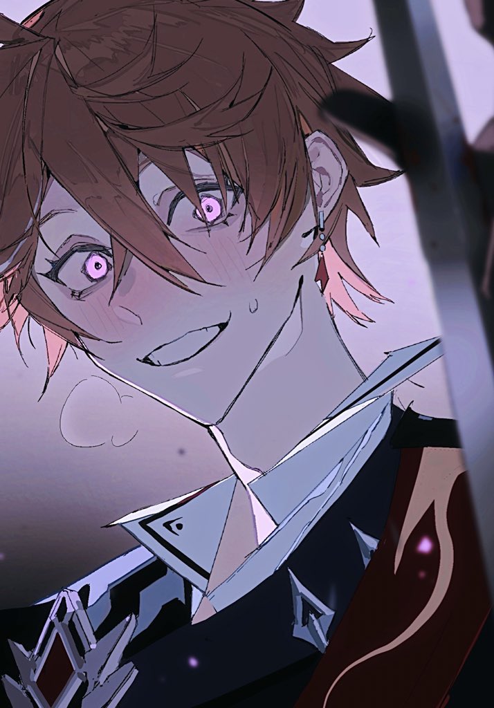 the image shows an animestyle drawing of tartaglia (childe) from the game genshin impact. he has red hair and pink eyes, with a smirk on his face. he is blushing and wearing dark clothing with an earring.