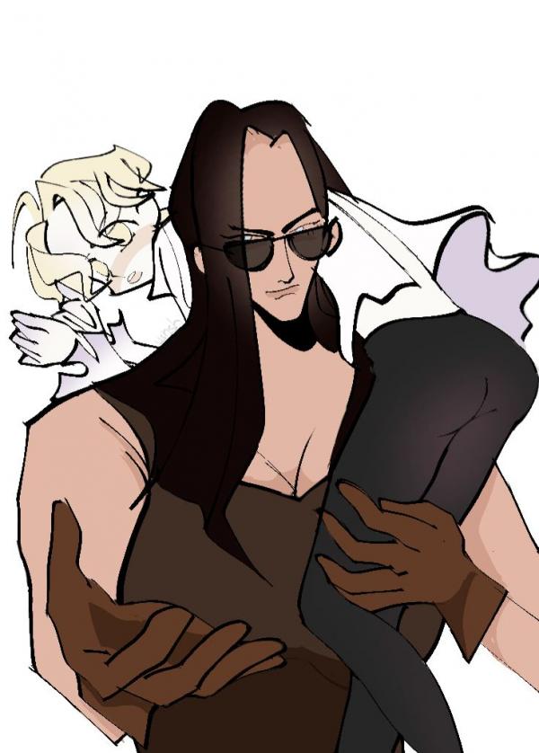 a woman in a white wedding dress and blonde hair is being carried by a man wearing sunglasses, a dark shirt, and dark long hair. she has one arm around his neck, while he holds her waist with his right arm and her legs with his left. they are clearly a loving couple ready to take the next step.
