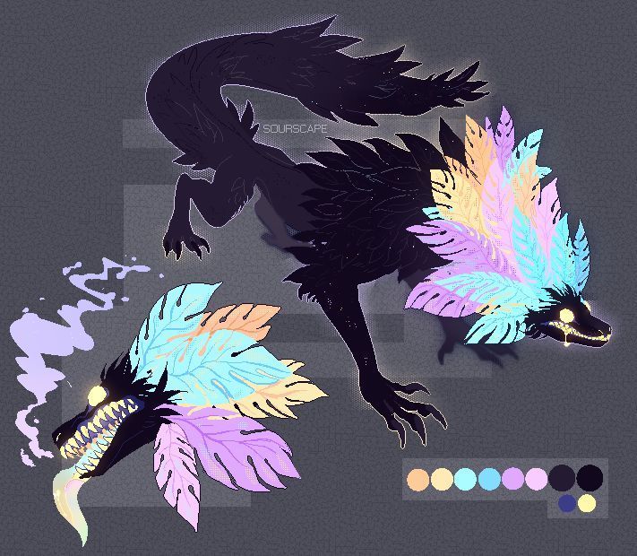 the image features two depictions of a black, dragonlike fantasy creature with colorful feathers. the main creature has a long body, a spiky tail, sharp claws, and a feathered mane displaying pastel colors. its eyes glow with a golden light. below and to the left is another version of the creature's head, featuring the same feathered mane and glowing eyes, but with smoke emanating from its mouth and a long, colorful tongue. a color palette is present at the bottomright, showing the colors used in the creature's design. the background is a muted gray tone.