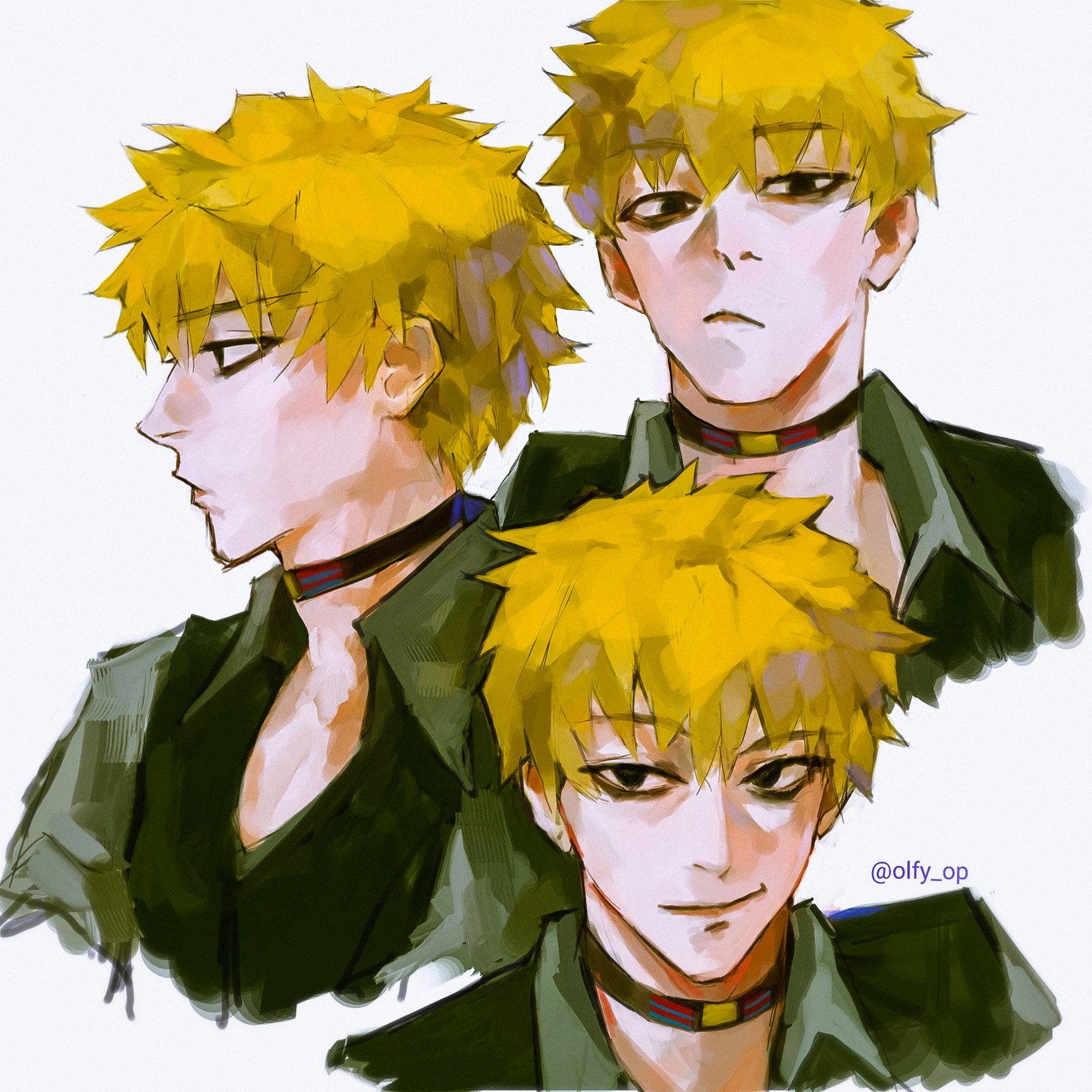 the image is a digital painting featuring three stylized portraits of shigeo kageyama (mob) from the anime/manga mob psycho 100. each portrait presents a slightly different angle and expression of mob's face, maintaining a consistent artistic style throughout.  the art style is expressive, using vibrant colors and loose brushstrokes that give a painterly feel. mob is depicted with his characteristic spiky, bright yellow hair and is wearing a dark green/olive colored collared shirt and a choker necklace. the background is minimally detailed, focusing attention on the character portraits. the overall mood is atmospheric and evocative, capturing the character's personality in different yet connected ways.  there's a digital artist's watermark present in the image.