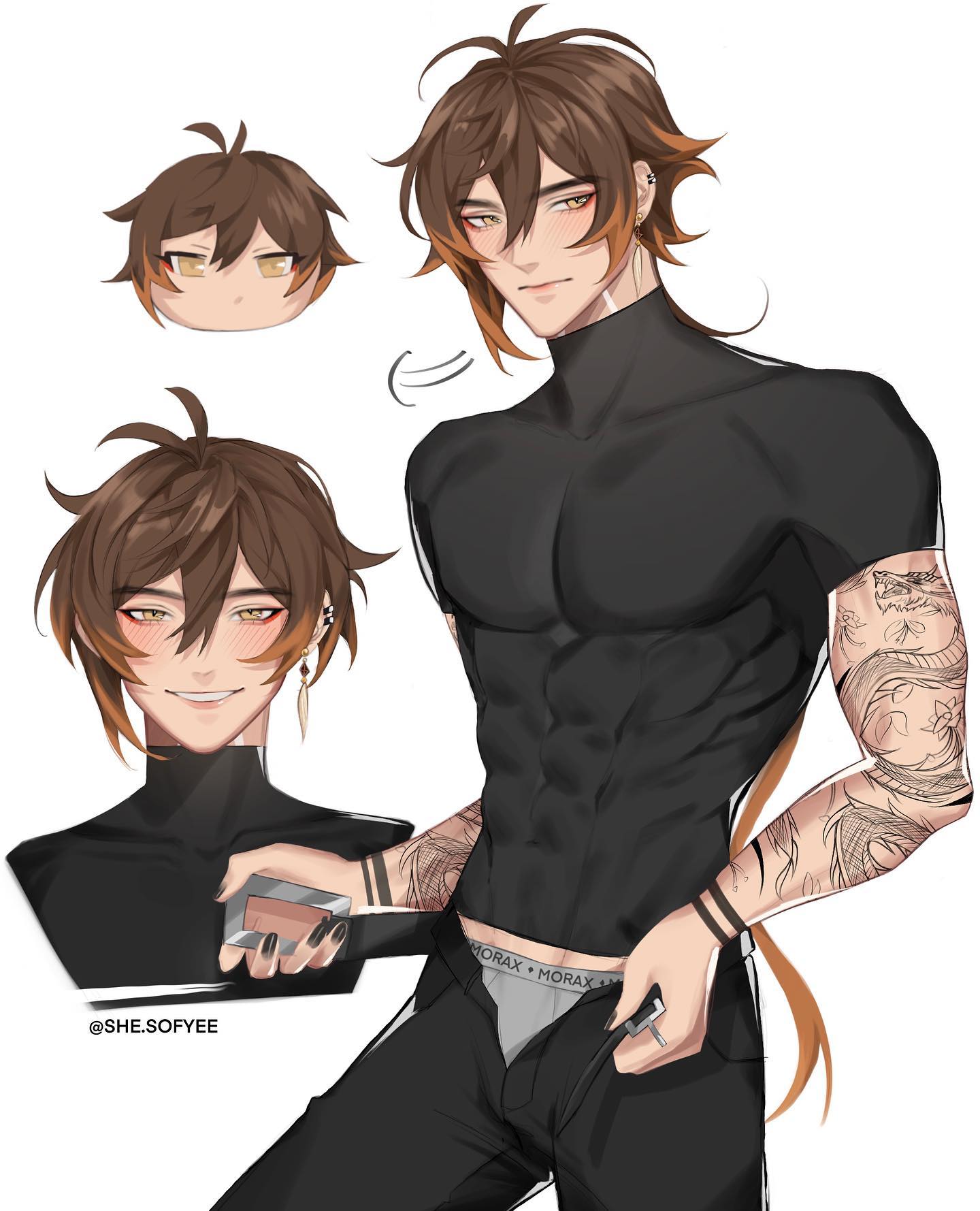 the image is a digital fanart showcasing a character seemingly inspired by genshin impact's zhongli (morax), shown in three different styles.  the main focus is a detailed, muscular male anime character with long brown hair with orange highlights, intricate tattoos on his arms, and wearing black clothing including a turtleneck and pants.  he holds what appears to be an eyeshadow palette and a small tool, possibly a makeup brush.  accompanying this are two smaller illustrations: a simplified, chibistyle version of the character’s head, and a more detailed bust of the character in a simpler pose, holding a makeup compact. the artist's signature is visible in the bottom left. the overall style is clean, aesthetic, and stylish, with a focus on character design and artistic rendering.