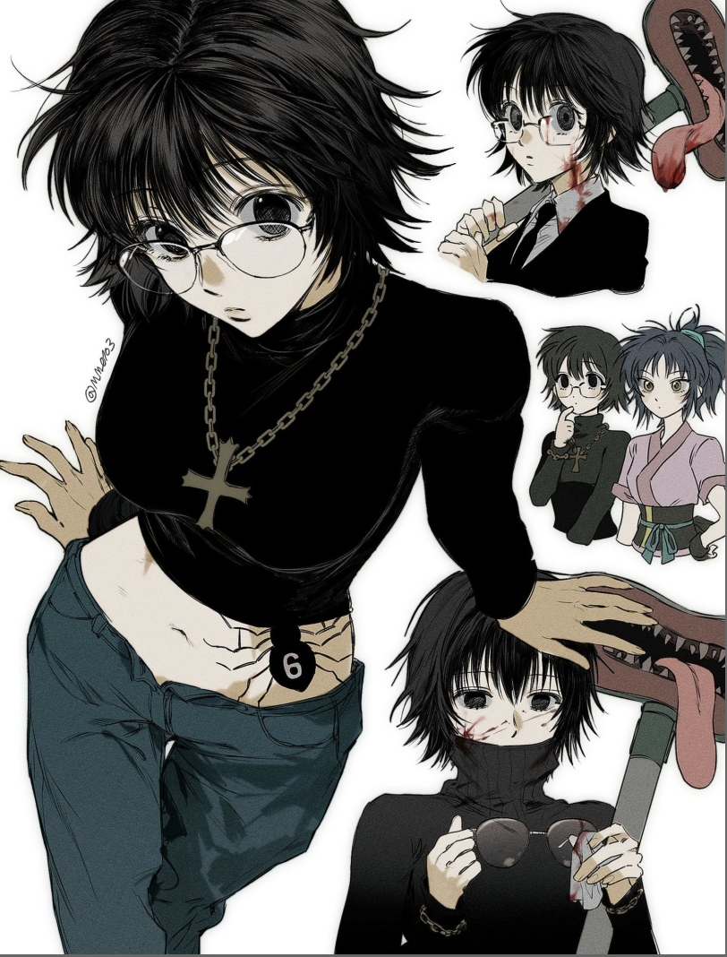 this is a fan art piece of the character, killua zoldyck, from the anime, hunter x hunter. there is one large illustration of killua in the center and four smaller illustrations surrounding her. she is drawn with short, black hair, fair skin, and blue eyes. she is wearing a black turtleneck crop top, low rise jeans, and a silver chain necklace with a cross. she is also wearing glasses. one of the smaller illustrations features another character from the show.