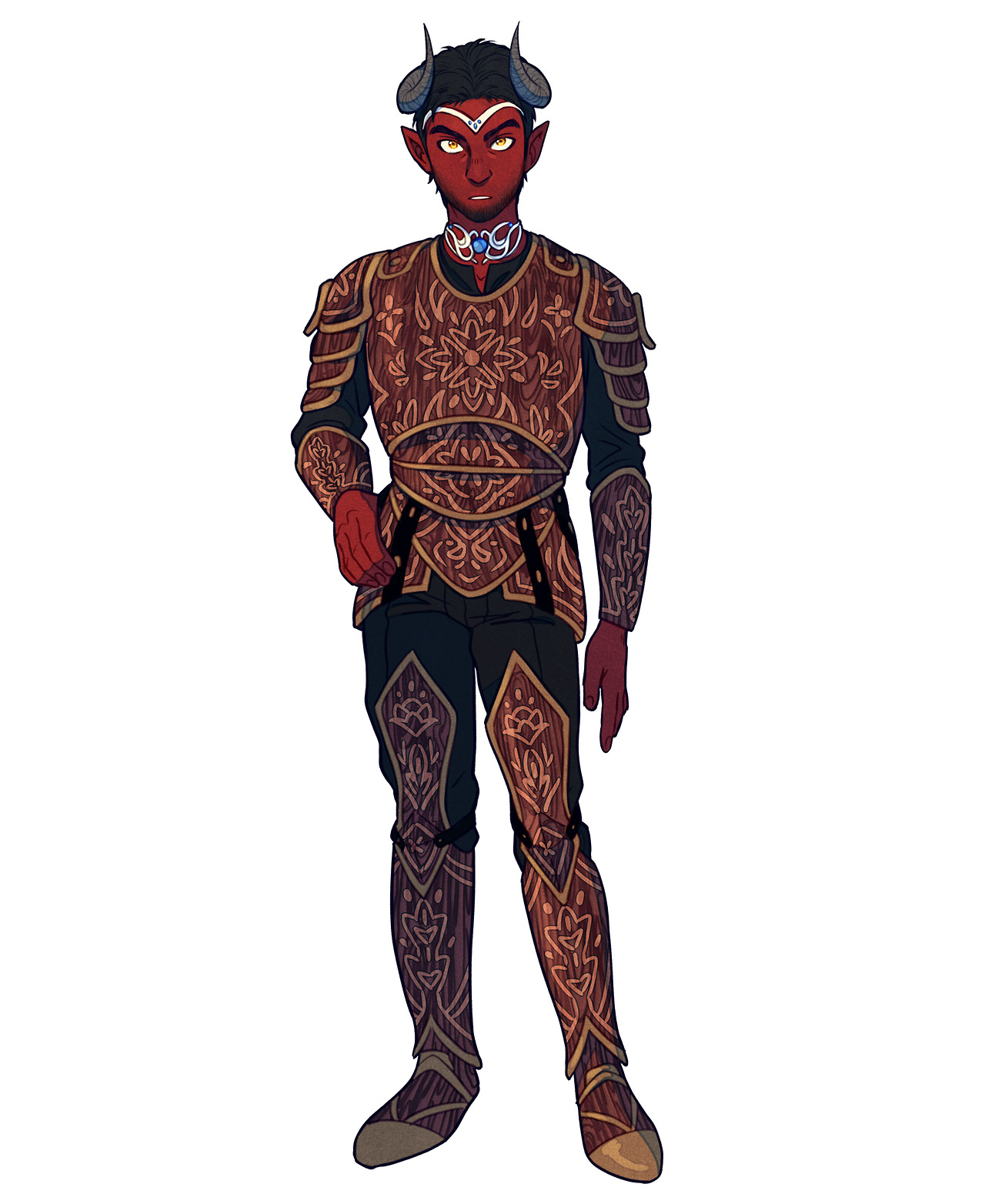 the image showcases a male tiefling, a humanoid fantasy species with horns and often depicted with red skin, dressed in ornate, intricately decorated armor. the armor, potentially crafted from a material resembling wood, boasts an elaborate design of floral and geometric patterns. the tiefling stands with a confident posture, his gaze directed slightly downward, adding to his imposing presence.