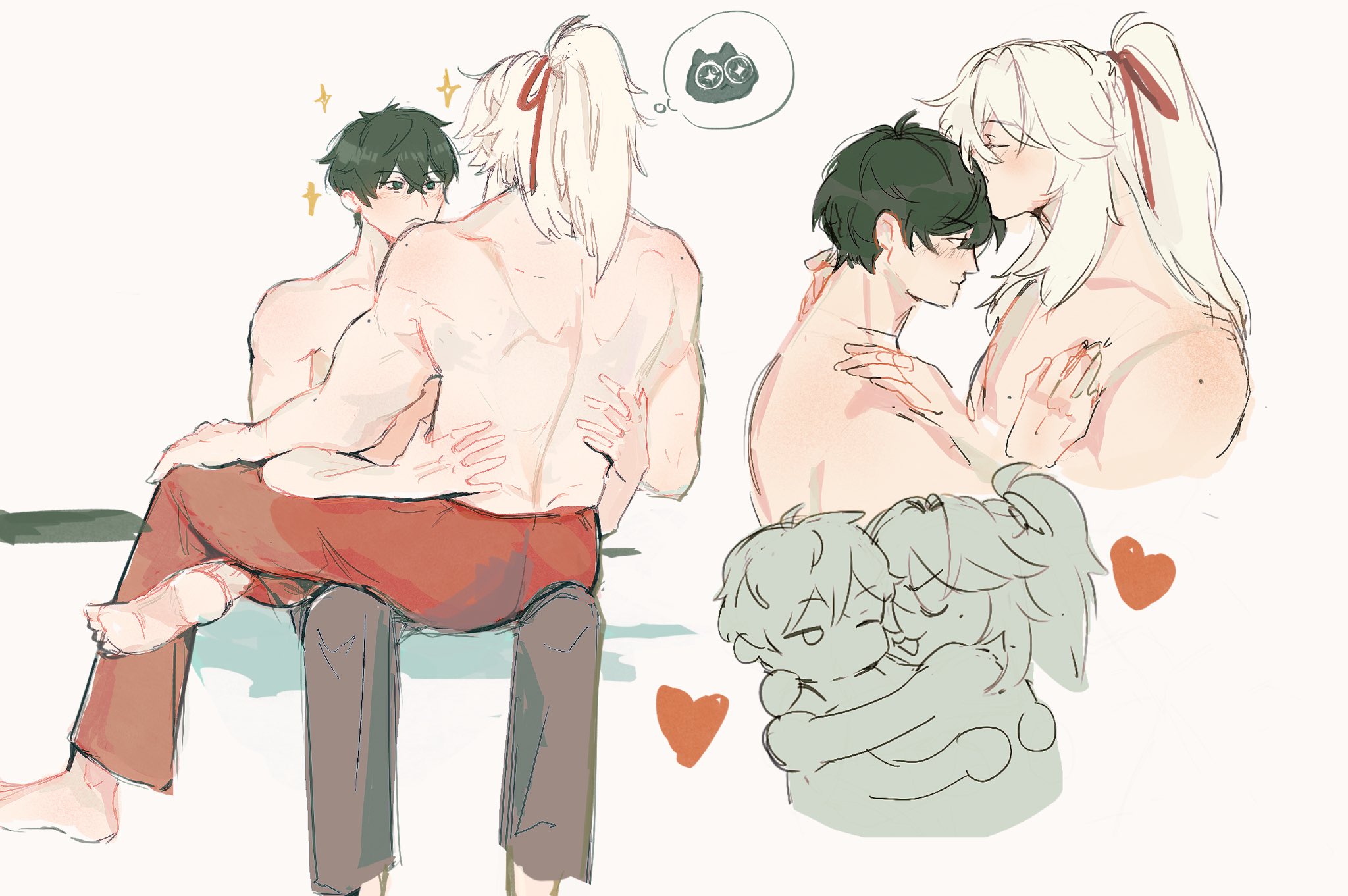 this is an image of an anime couple. two men are hugging and looking at each other lovingly. there is a small image of a pair of  children hugging each other behind them.  all of them have big smiles.   there are hearts drawn around them.