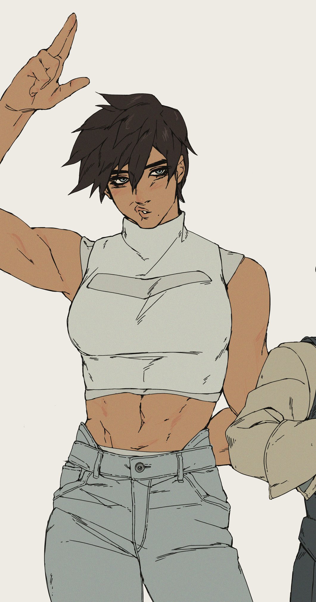this is a digital drawing of a woman with black hair and a white crop top, she is also wearing grey jeans. her left hand is raised and her right hand is touching the arm of another person, who's body is not visible in the image.  she's standing and looking to the right, towards the viewer.