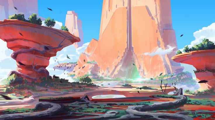 the image depicts a stylized fantasy landscape with tall, orangecolored architectural structures reminiscent of towers, some of which are built on or near floating islands. the sky is a bright blue with some white clouds. a flock of birds is flying in the scene. the ground level contains plants and trees, suggesting a natural environment interspersed with the built structures.