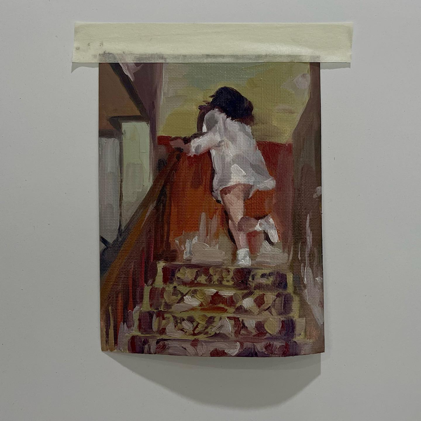 this is an oil painting on canvas of a woman in a white shirt climbing a staircase. the woman is facing away from the viewer. the staircase is carpeted with a patterned carpet. the painting is done in a realistic style. the woman is relaxed and casual.