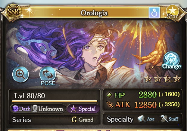 this is a screen shot from the mobile game fire emblem heroes. it shows a character called orologia, who is a 5 star dark character from the grand series. she is currently at level 80.  the image shows her stats and that she can use axe and staff weapons. she is also shown using her special skill.