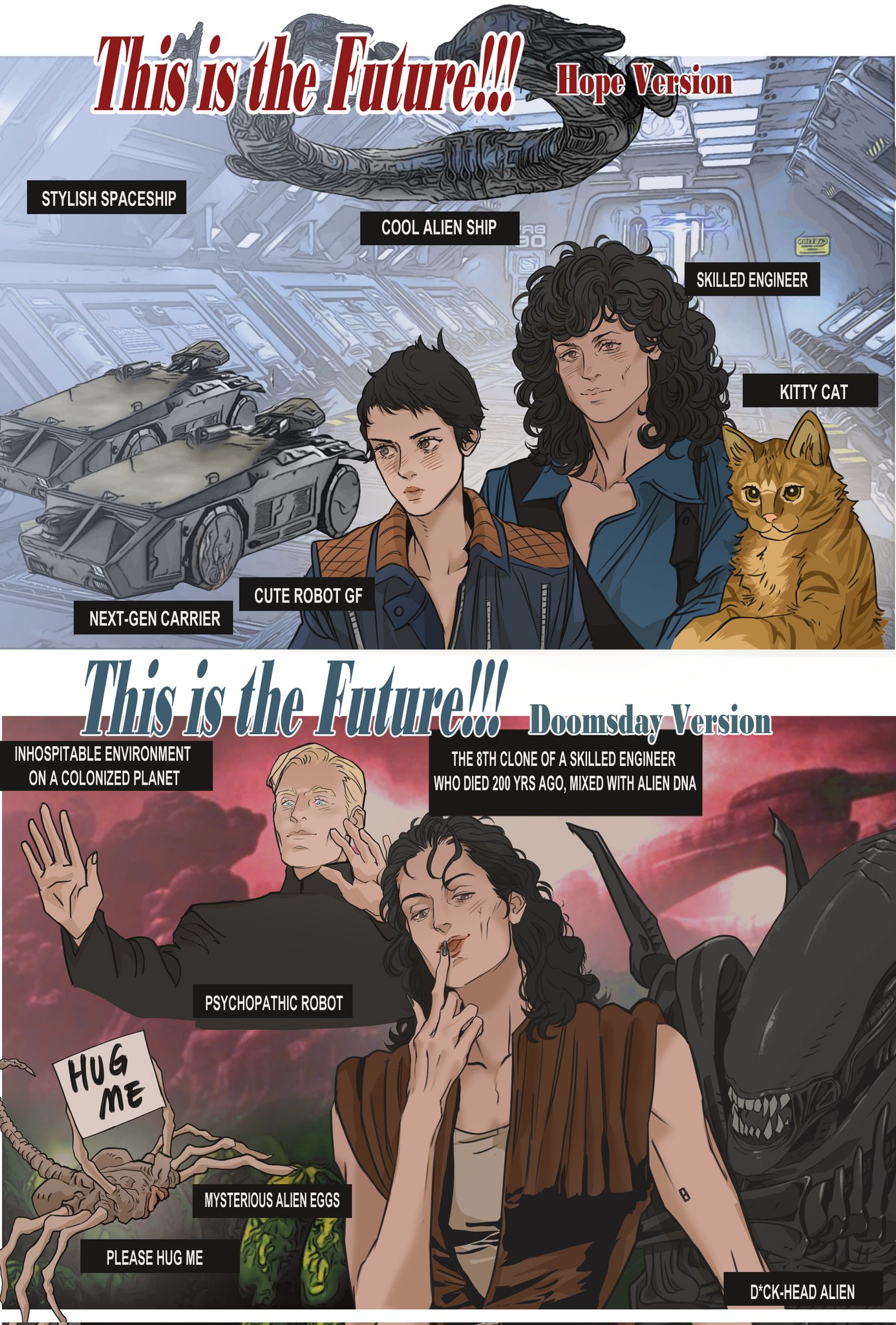 the image presents a split comparison between two versions of the future, one optimistic ("hope version") and the other dystopian ("doomsday version"), using characters and elements inspired by the alien franchise. the "hope version" features modern technology and harmonious relationships, while the "doomsday version" showcases a bleak, alieninfested environment and morally ambiguous characters. it is a humorous parody of scifi tropes, offering a contrasting view of potential futures.