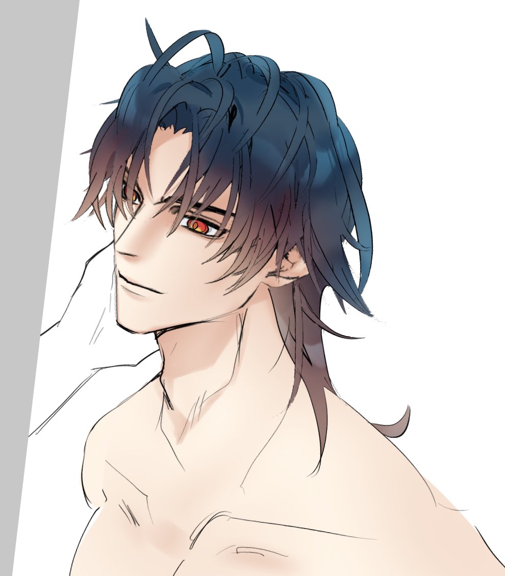 a drawing of a young, handsome anime man with blue hair, red eyes, and a small smile. he has his shirt off and is looking off to the side. he is drawn in a style common in anime and manga, with stylized features and a slightly exaggerated physique. the drawing is done in a digital style, with smooth lines and soft shading. the background is white.