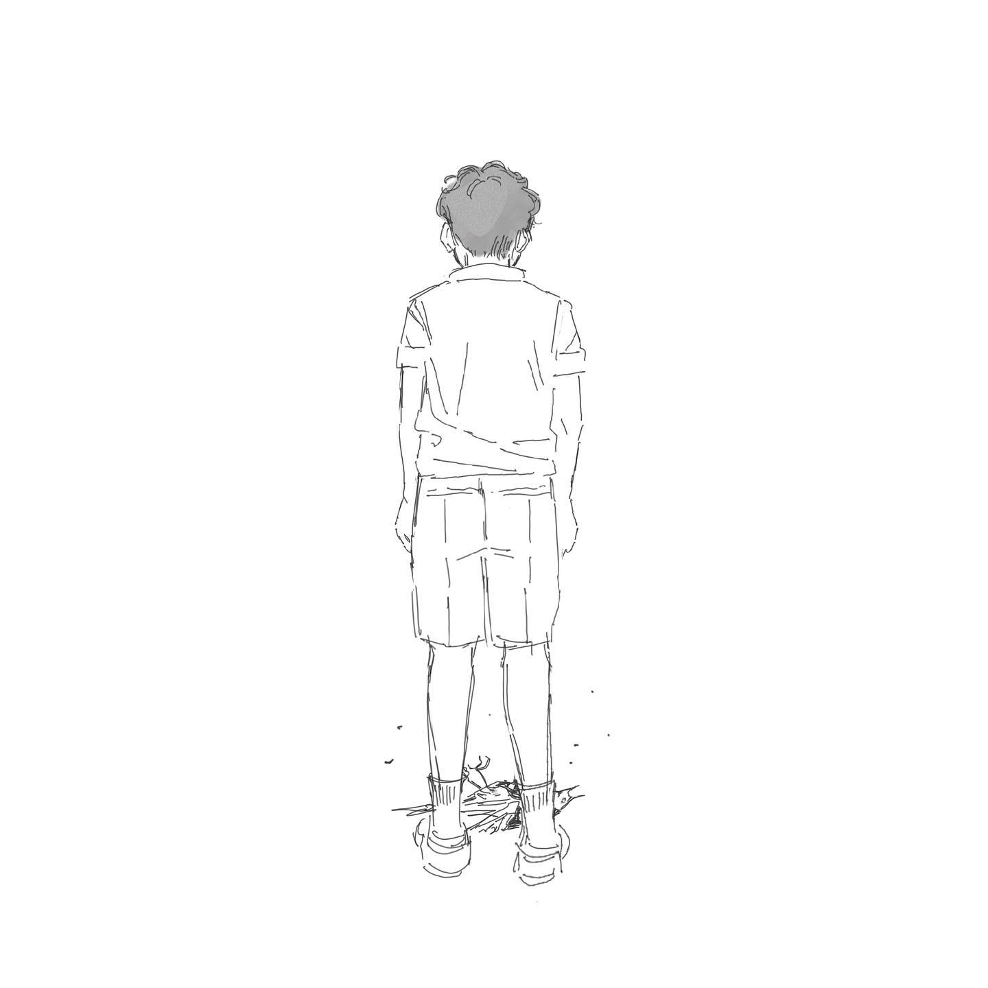 the image is a simple black and white sketch of a young boy standing alone with his back to the viewer. he is wearing a shortsleeved shirt and shorts, possibly a school uniform. his head is slightly tilted down. the background is minimal, with just a suggestion of grass at his feet. the overall feeling of the image is one of quiet contemplation or perhaps loneliness.