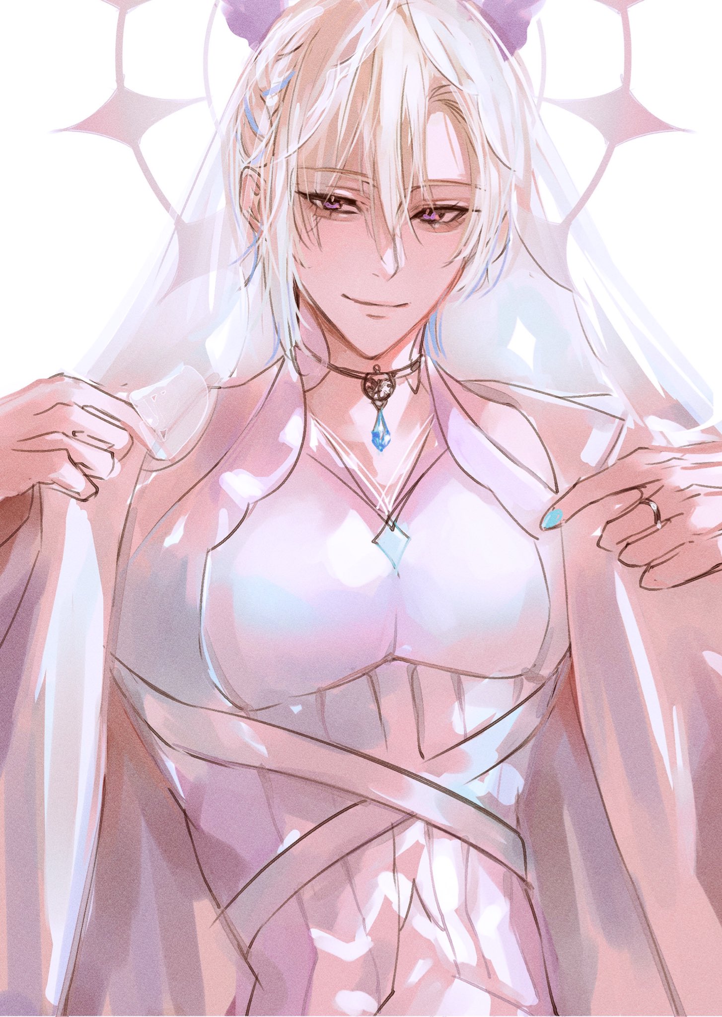 an anime illustration of a young woman with long white hair. she's dressed in a white wedding dress with a veil and has a necklace and ring on. she has a happy, relaxed expression.