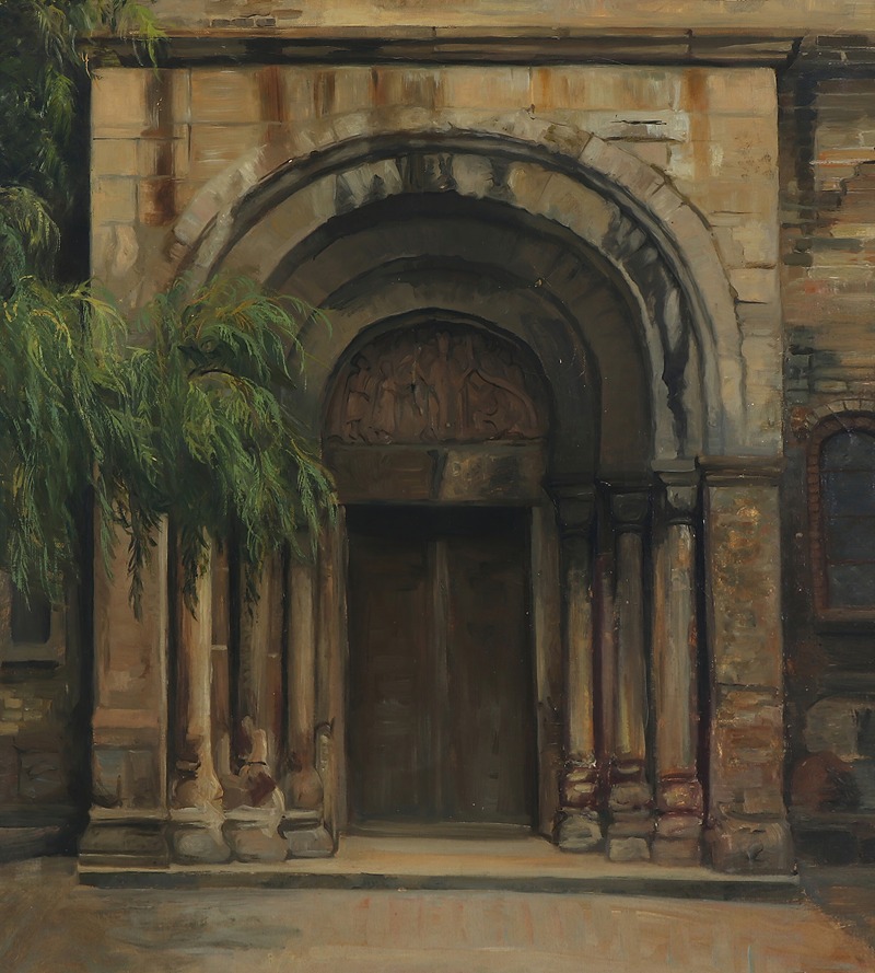 the image shows an architectural painting of a stone doorway with an archway, columns, and a relief above the door. a willow tree is partially obscuring the left side of the doorway. the style suggests a medieval or classical period. the painting captures the details of the stonework and the urban setting.