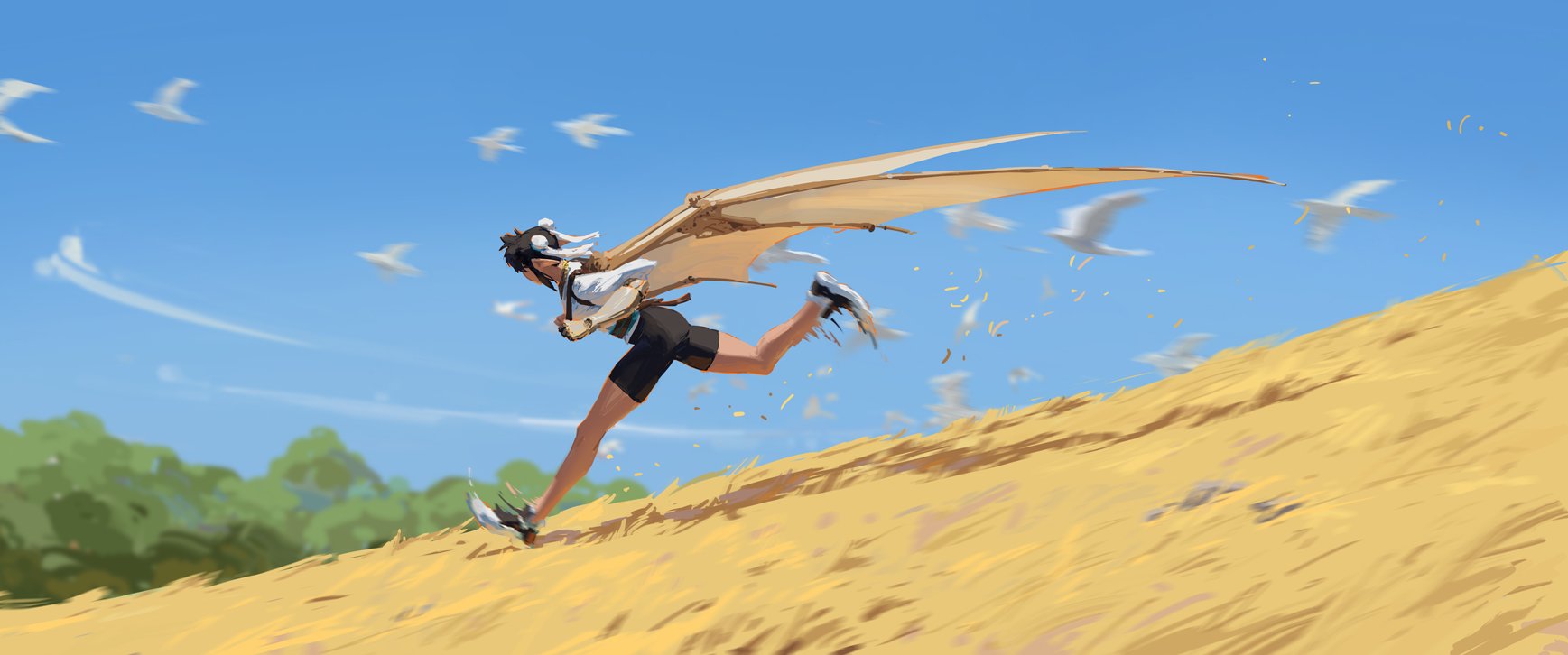 the digital painting depicts an animestyle girl with large, beige mechanical wings running at high speed up a golden hill.  she is wearing athletic clothing and her hair flows behind her.  many small white birds are depicted surrounding her, seemingly swept up in her wake. the sky is a clear and bright blue, and the overall style is dynamic and energetic.  the scene has a fantastical and whimsical feel.