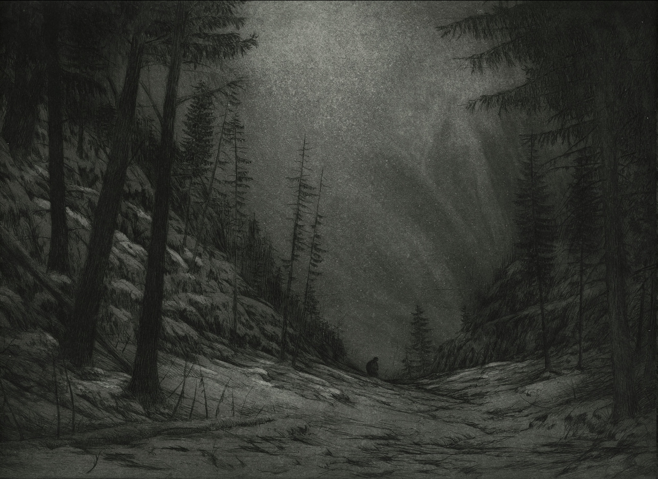 a black and white drawing of a snowy forest path. the path winds through tall, dark trees and snowcovered rocks. a single figure can be seen in the distance, walking away from the viewer. the atmosphere is dark and mysterious, with low lighting and a sense of depth created by the trees and the foggy background.