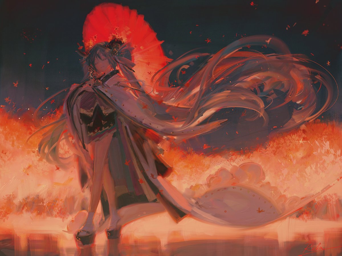 the image is a painting of an anime girl wearing a kimono and holding a red parasol. she has long, flowing hair and is standing in a field with autumn leaves falling around her. the background is a sunset with orange and red hues. the style is reminiscent of traditional japanese paintings.