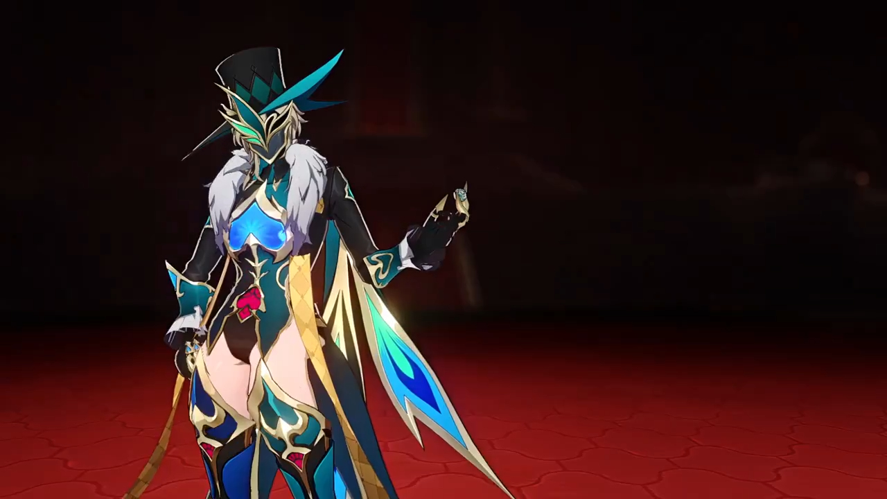 a female anime character,  dressed in blue and green armor and a hat, stands holding a sword, ready to fight in a fantasy video game. the background is a red floor with a dark gradient background.