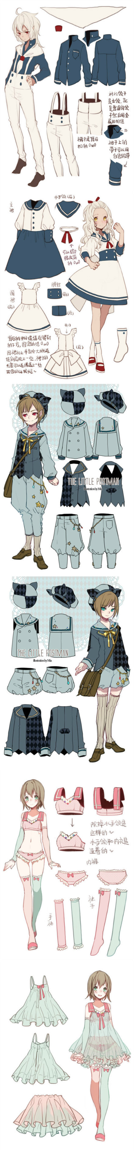 this image shows a collection of character designs for anime or manga characters. each character is a young girl with different outfits, hairstyles, and accessories.  the designs are drawn in a cute and colorful style, and they feature a variety of different fashion elements, including dresses, skirts, pants, jackets, hats, shoes, and accessories. the characters are all posed in a variety of different ways, and they have a variety of different facial expressions.