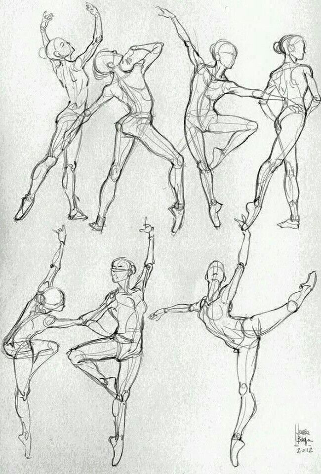 this is a black and white sketch of seven female figures in various ballet poses. the artist has used simple lines to capture the graceful movements and poses of the dancers, with a focus on anatomy and form. the figures are drawn with a light touch, giving the drawing a sense of fluidity and movement. some figures show a simplified skeletal structure to help understand the positioning of the limbs. the artist's signature and the date are visible in the bottom right corner.