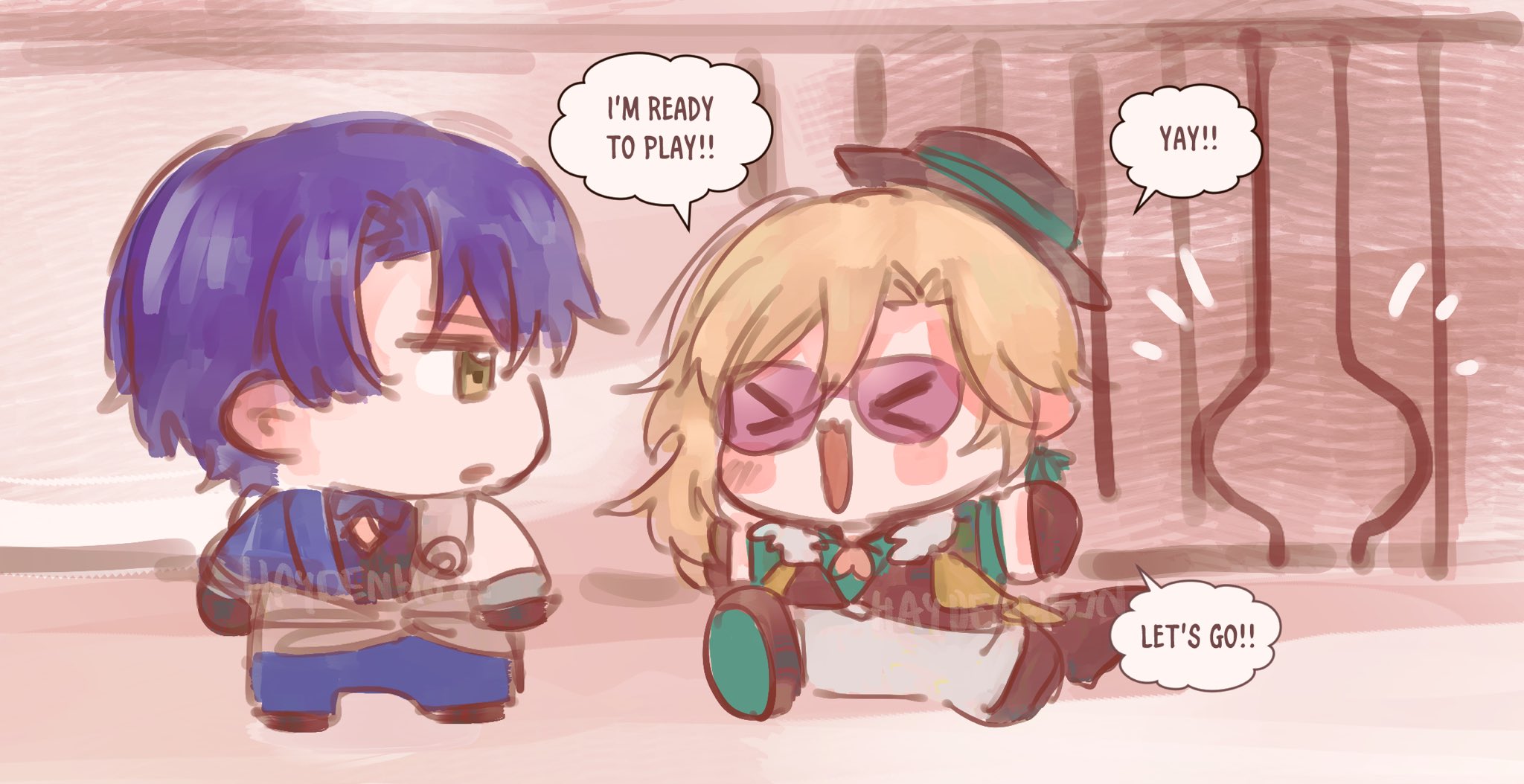 two anime boys are standing near a wall, one is wearing a blue suit and the other one is wearing a green and white suit, they are looking at each other excitedly.  the boy with the blue suit says, "i'm ready to play!!" and the boy with the green and white suit says "yay!!" and "let's go!!".