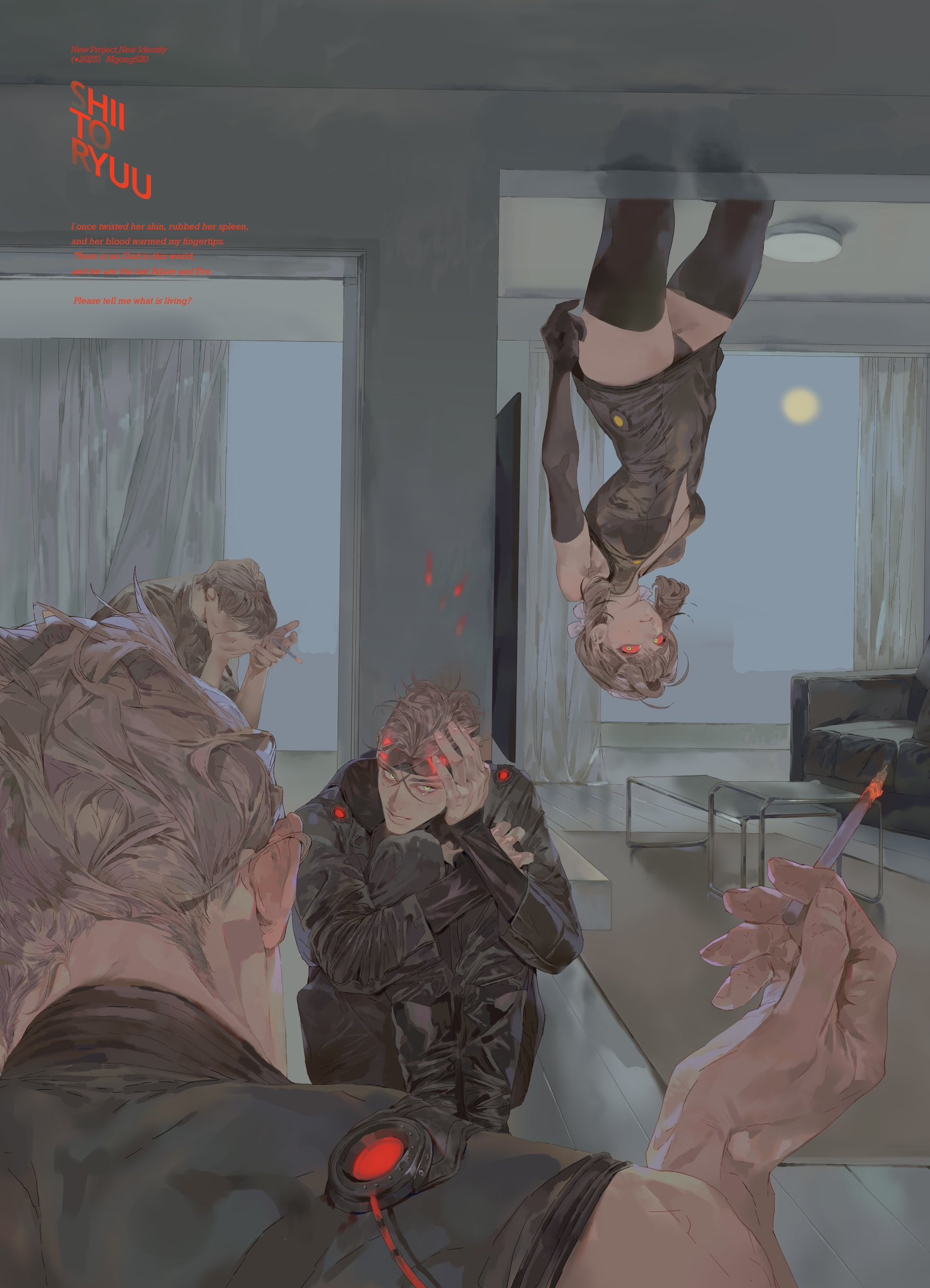 the image is a digital illustration depicting a scene with cyberpunk and scifi elements. inside what appears to be an apartment, three men are shown in varying states of distress and contemplation. a woman is hanging upside down from the ceiling, with glowing red eyes. the setting suggests a futuristic or dystopian world, with an urban backdrop visible through the window. the mood is dark and mysterious, with red accents and a general sense of suspense. one man is holding a lit cigarette.