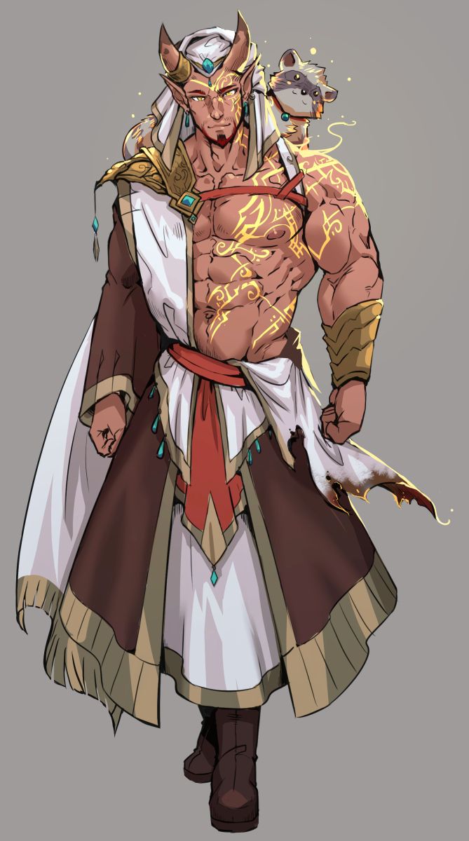 a male character with horns is in a full body shot. he has a white turban wrapped around his head and red and brown clothing with gold trim.  his torso is bare with a lot of gold tattoos. there is a furry animal on his shoulder with a curled tail. he has muscles and is ready for battle.