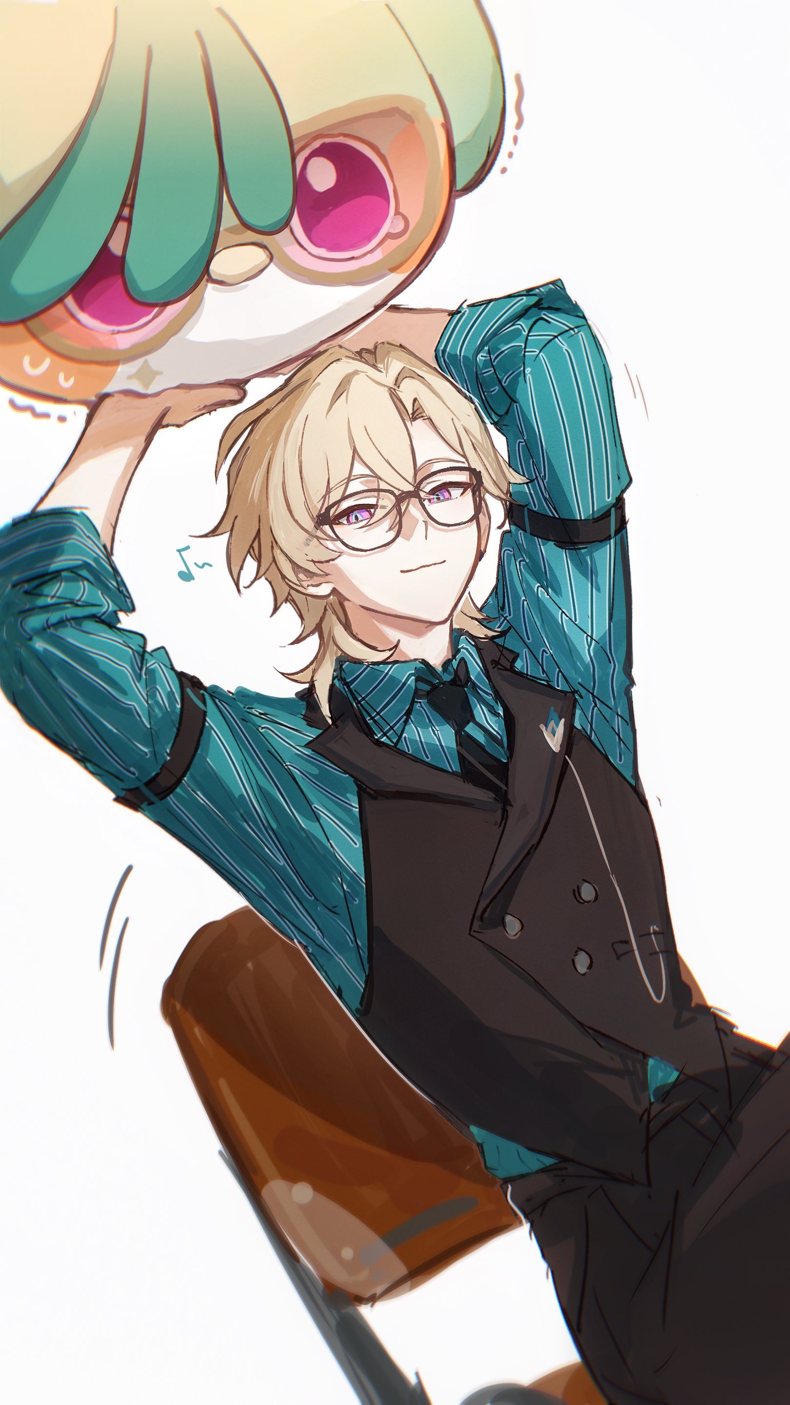 an anime illustration depicts a fairskinned man with short blonde hair and purple glasses. he's smiling and wearing a blue and green striped shirt under a dark vest. his right arm is raised, supporting a large cartoon character with pink eyes and a greentinged head. the man is seated on a brown chair, leaning back slightly.