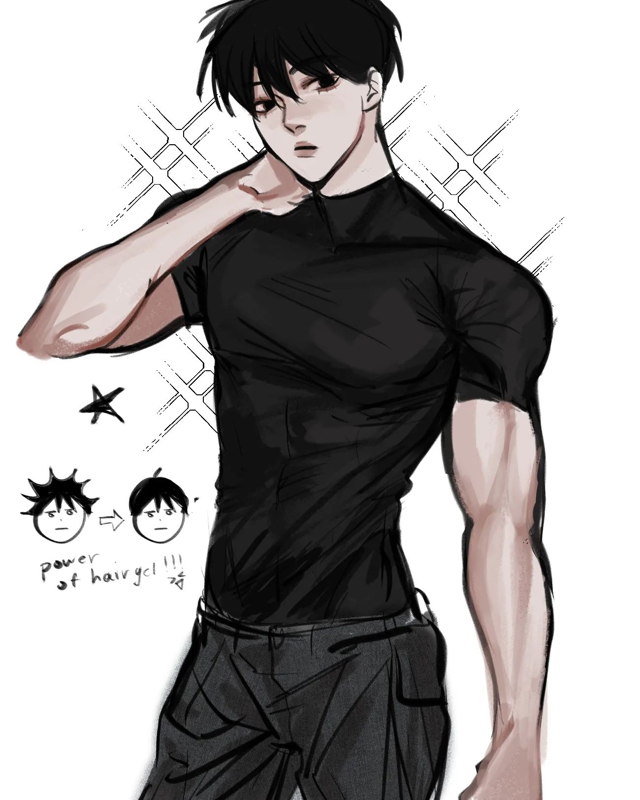 this is a digital drawing of a young anime male with black hair and black clothing. he's standing in a confident pose, looking directly at the viewer. there's a caption at the bottom of the drawing that says "power of hair gel!!!" and shows two cartoon figures, one with messy hair, and the other with styled hair, to emphasize the character's hair. the background is a simple black and white checkered pattern.