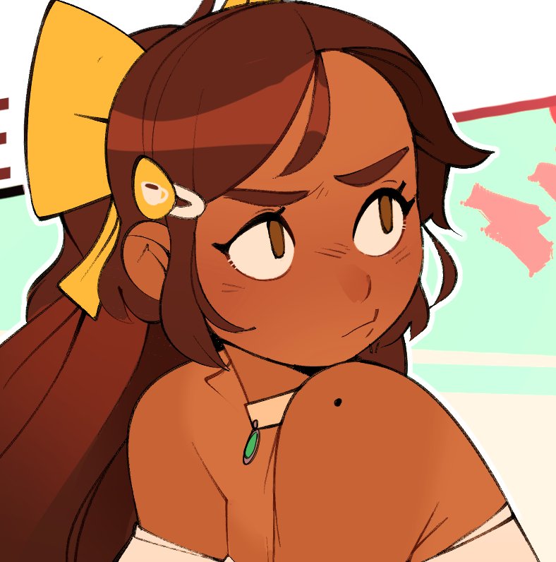 a closeup of a young woman with brown skin and long brown hair, tied back with a yellow bow. she's wearing a white top and a green pendant necklace. her eyes are wide, looking slightly worried.  she has a thoughtful expression and is looking off to the side. the art style is digital and animeinspired, with soft, rounded features and bright colors.