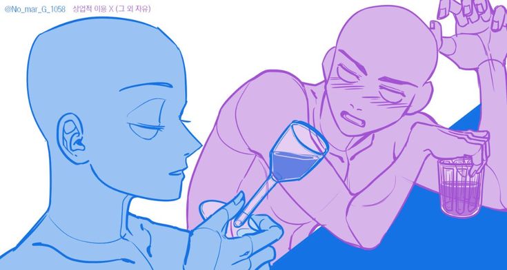 this is an anime drawing base for a couple drinking together. the girl on the left is holding a glass of wine and the man on the right is holding a shot glass. they are both looking at each other and seem to be happy. the background is blue.