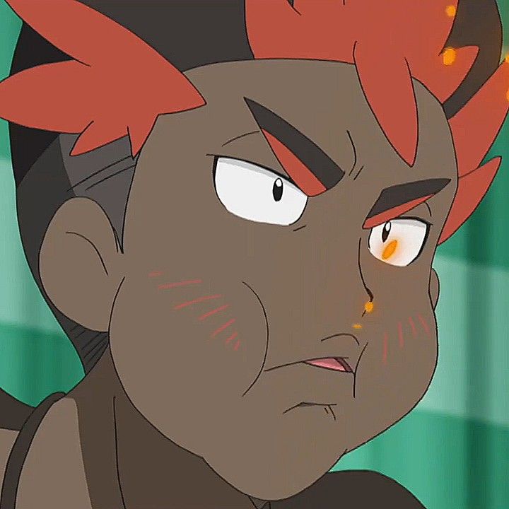 this is a closeup shot of a male anime character with red hair and an angry facial expression. he is looking to the side, and his face is slightly contorted. there is a hint of blush on his cheeks. the background is a blurred out green and white.