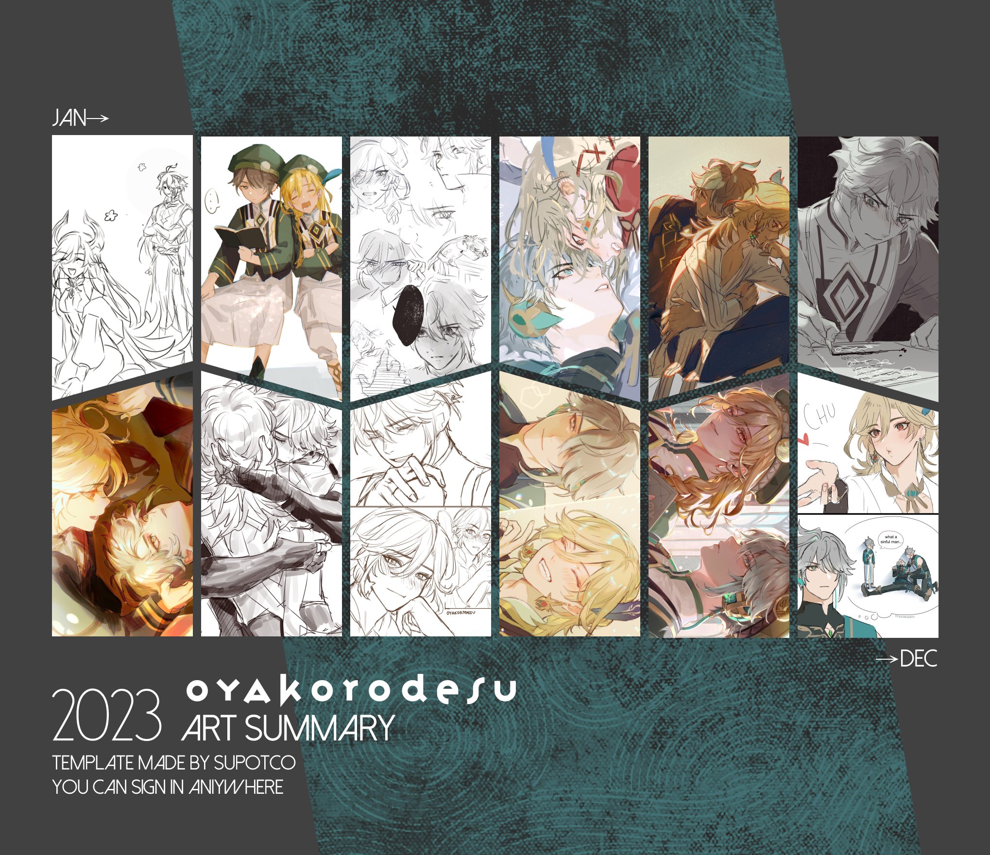 an anime style 2023 art summary calendar featuring images from the popular video game genshin impact.  the title of the calendar is "oyakorodesu" and it features fanart of popular characters from the game, such as aether, lumine, and kazuha. the art style is cute and aesthetically pleasing.  the calendar is broken down by month, with each month featuring a different image.