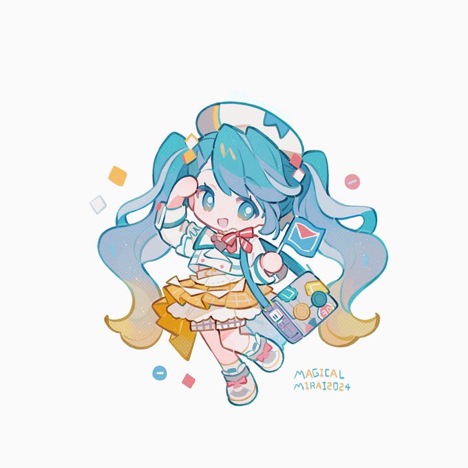 a cute anime girl with long blue hair, wearing a white shirt, yellow skirt and holding a backpack, is smiling happily. she's also wearing a hat with a blue flag on it.  the background is white with a few colorful dots.