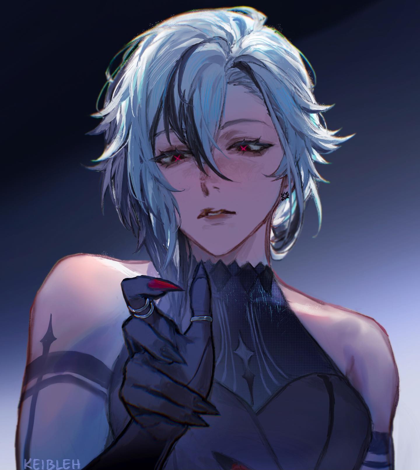 the image is a digital painting or illustration of a young animestyle woman. she has striking white hair with dark accents, red eyes, and pale skin. she is wearing a dark, elegant sleeveless dress with a high collar and accessorized with earrings and rings. her pose is selfassured, with her hand partially raised as if making a gesture. her nails are long and pointed, adding to a slightly gothic or mysterious aesthetic. the background is a muted, dark blue. the style is detailed and expressive, with a focus on capturing the character's mood and personality. the overall impression is one of beauty, mystery, and confidence.