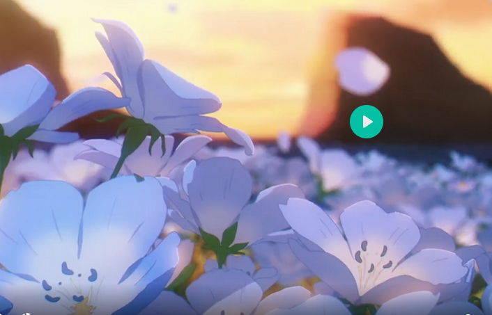 a close up image of small blue flowers in bloom as the sun sets on the horizon. petals are falling from the sky.