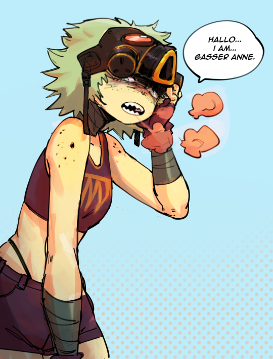 this is a digital illustration depicting a female anime superhero wearing a gas mask and a purple and yellow superhero costume. she is  making a determined face, and has her hand over the side of her mask. she is standing in front of a blue and pink halftone background. a speech bubble above her says "hallo... i am... gasser anne".  she is a superhero with a strong and confident appearance. the image is drawn in a bright, cartoon style and looks like it comes from a comic book.