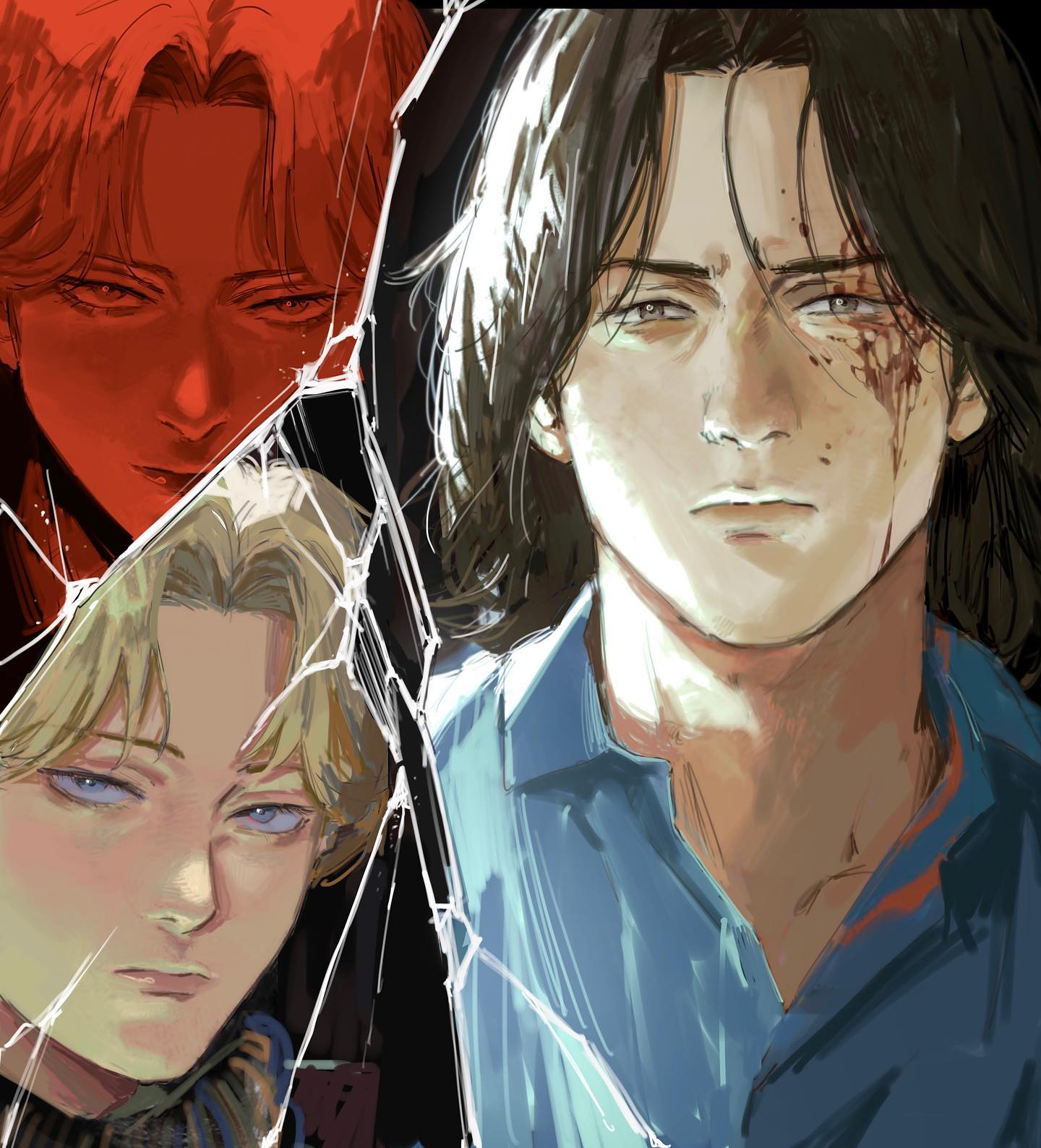 the illustration features three anime characters, a redhaired male in the background, a blondehaired male on the left, and a blackhaired male on the right. all three appear to be in a state of distress with their faces twisted in expressions of worry or sadness. the characters are framed by a broken glass pane covered in a spiderweb, adding to the sense of entrapment and danger.  the redhaired character's face is lit in a red glow, while the other two males are lit in softer blue and white light.